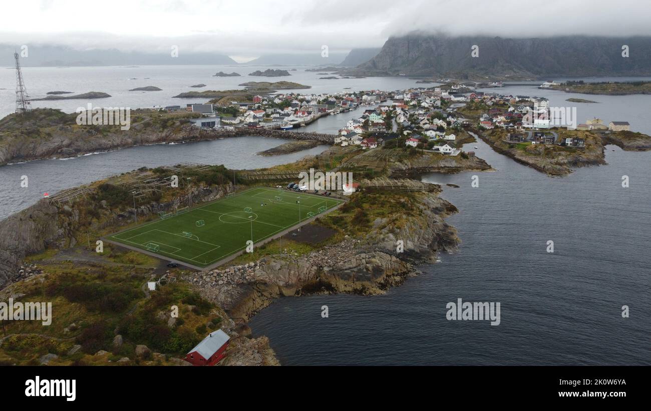 Aerial view of the football field in the nordic village of Henningsvaer