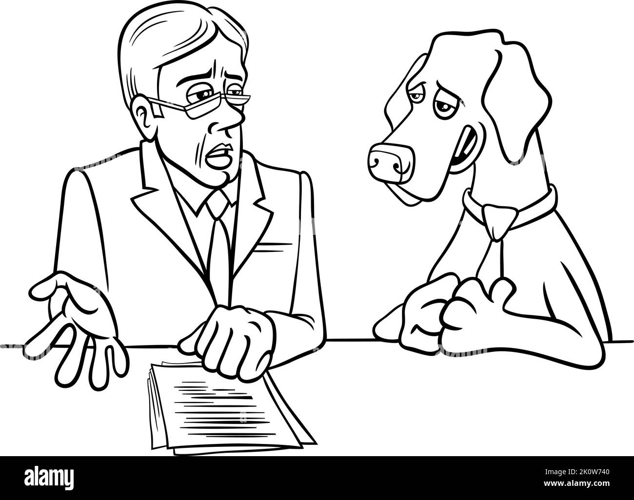 Black and white cartoon illustration of the dog giving an interview coloring page Stock Vector