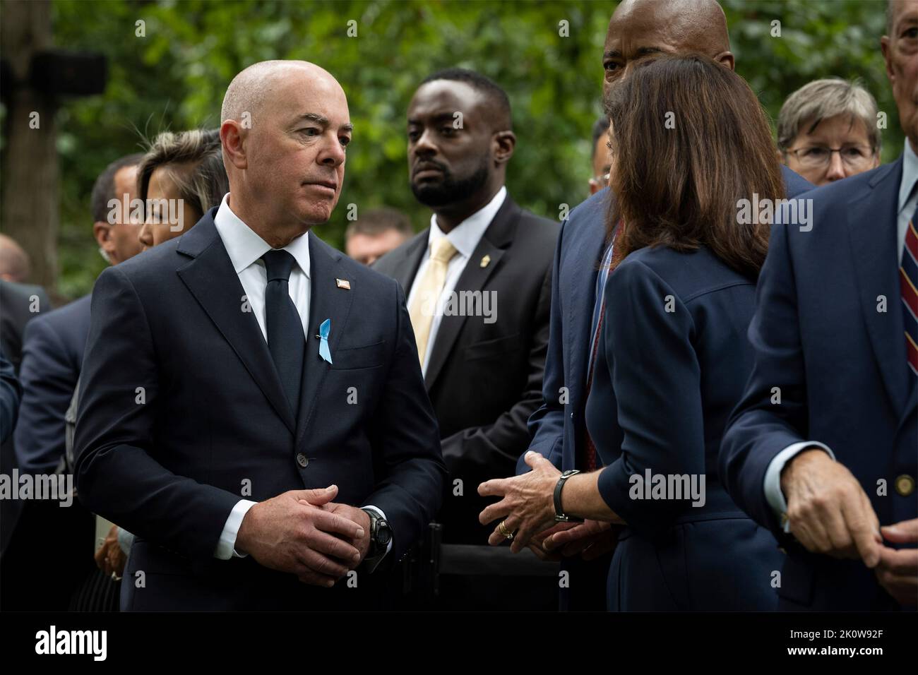 New York, United States of America. 11 September, 2022. U.S Vice President Kamala Harris, right, speaks with Homeland Security Secretary Alejandro Mayorkas, left, during the ceremony remembering the victims of the 9/11 attacks at the National September 11 Memorial Museum, September 11, 2022 in New York City. The nation marked the 21st anniversary of the al-Qaida terrorists attacks that killed nearly 3,000 people.  Credit: Sydney Phoenix/DHS Photo/Alamy Live News Stock Photo