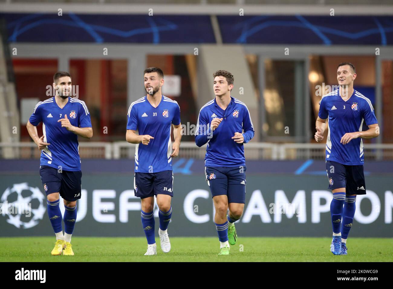 Milan, Italy. 13th Sep, 2022. Luka Ivanusec, Marko Bulat, Antonio Marin and Daniel Stefulj of GNK Dinamo Zagreb during a training session at San Siro Stadium, in Milan, Italy, on September 13, 2022. ahead of the UEFA Champions League Group E round 2 match between AC Milan and GNK Dinamo Zageb. Photo: Matija Habljak/PIXSELL Credit: Pixsell photo & video agency/Alamy Live News Stock Photo