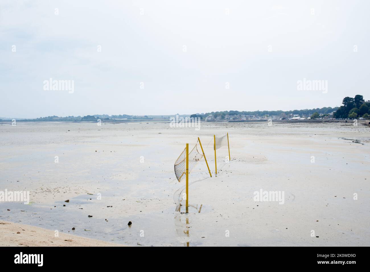 Sport net in the beach during low tide. No people. Brittany, France. Europe Stock Photo