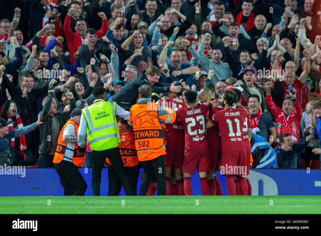 Liverpool, UK. 13th Sep, 2022. Joel Matip #32 of Liverpool scores to make it 2-1 during the UEFA Champions League match Liverpool vs Ajax at Anfield, Liverpool, United Kingdom, 13th September 2022 (Photo by Phil Bryan/News Images) in Liverpool, United Kingdom on 9/13/2022. (Photo by Phil Bryan/News Images/Sipa USA) Credit: Sipa USA/Alamy Live News Stock Photo