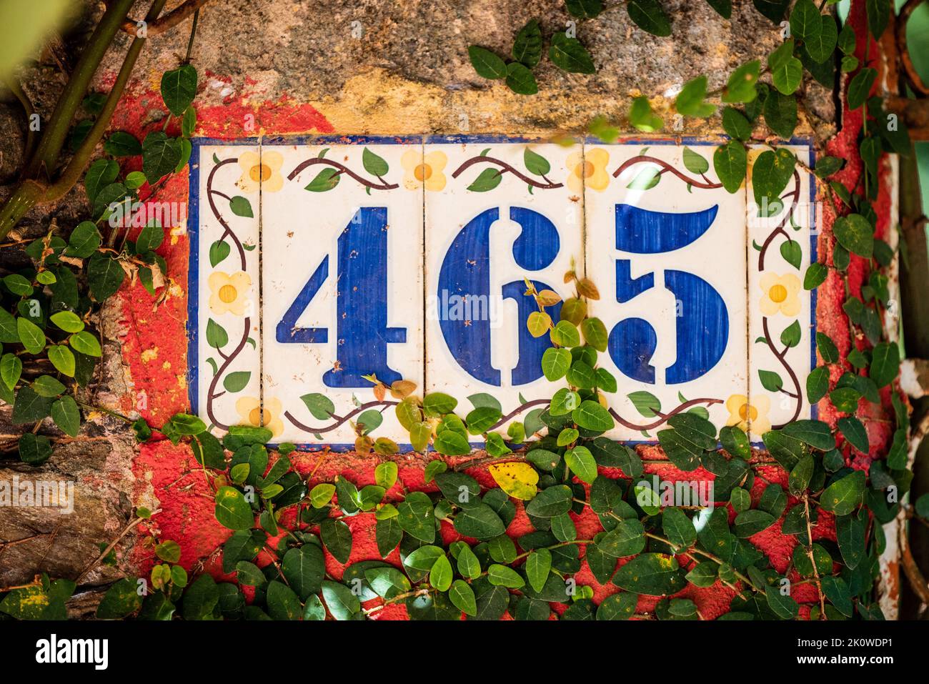 Ornate Spanish-style house numbers on ceramic tile covered with vines in Belo Horizonte, Minas Gerais, Brazil. Stock Photo