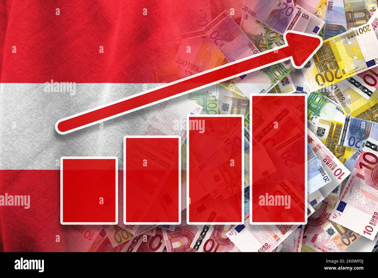 Economy graph: rising arrow, cash euro banknotes and Austria flag (Money, Economy, Business, Finance, Crisis) Stock Photo