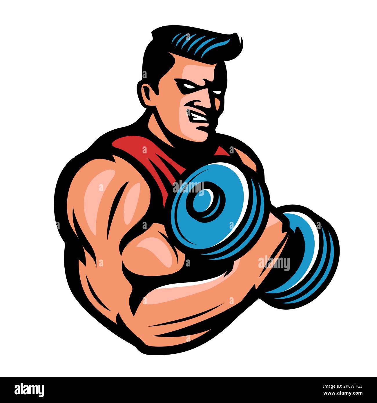 Strong muscular bodybuilder with heavy dumbbell in hand. Sports mascot. Gym, bodybuilding emblem. Vector illustration Stock Vector