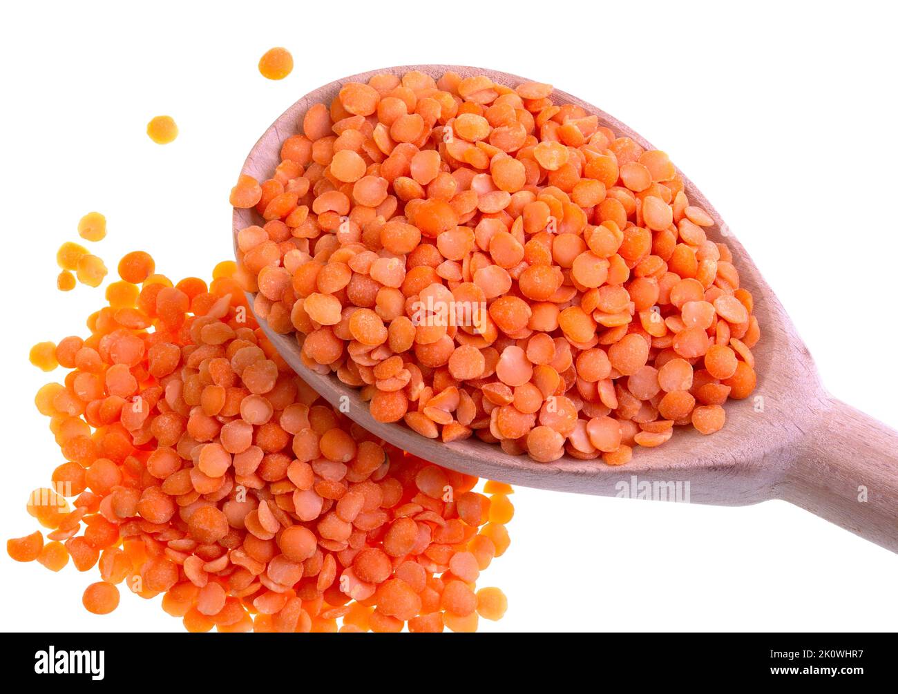 Split Red Lentils are lentils, Lens culinaris, without husks and naturally split in halves. Stock Photo