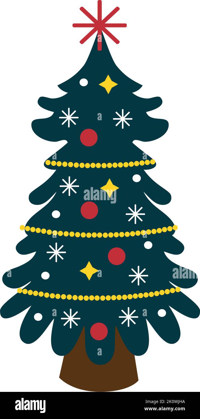 Abstract drawing of a festive decorated Christmas tree on a white ...