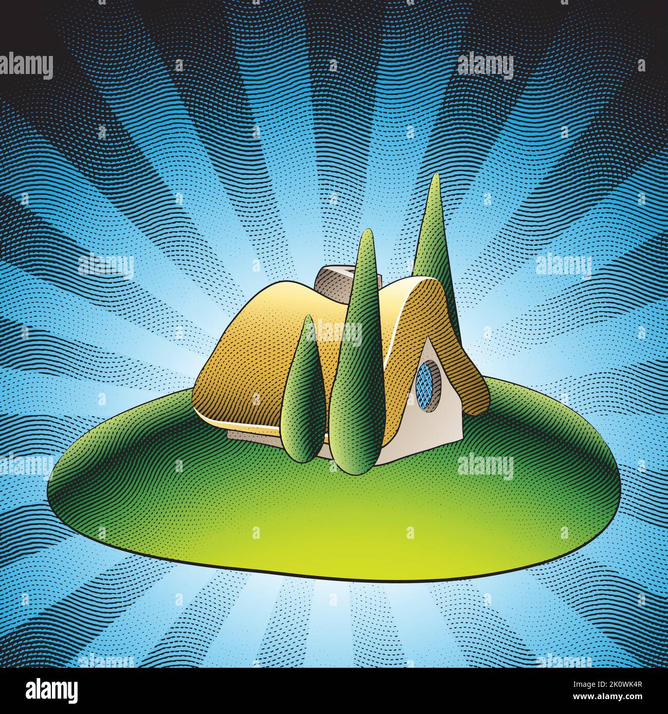 Illustration of Scratchboard Engraved Fairytale House in a Green Garden