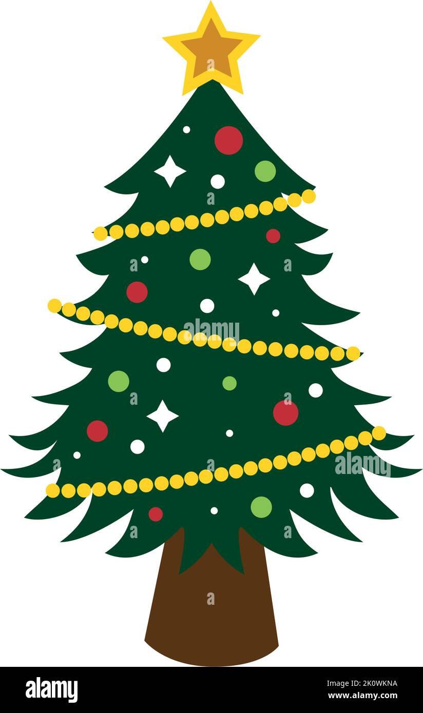 Abstract drawing of a festive decorated Christmas tree on a white ...