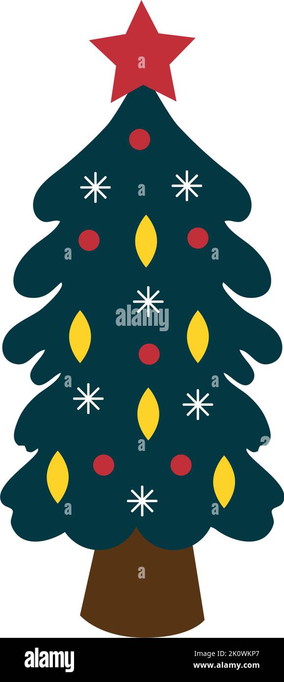 Abstract drawing of a festive decorated Christmas tree on a white ...