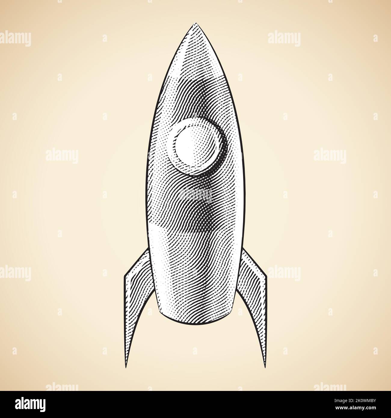 Illustration of Scratchboard Engraved Rocket with White Fill Stock Vector