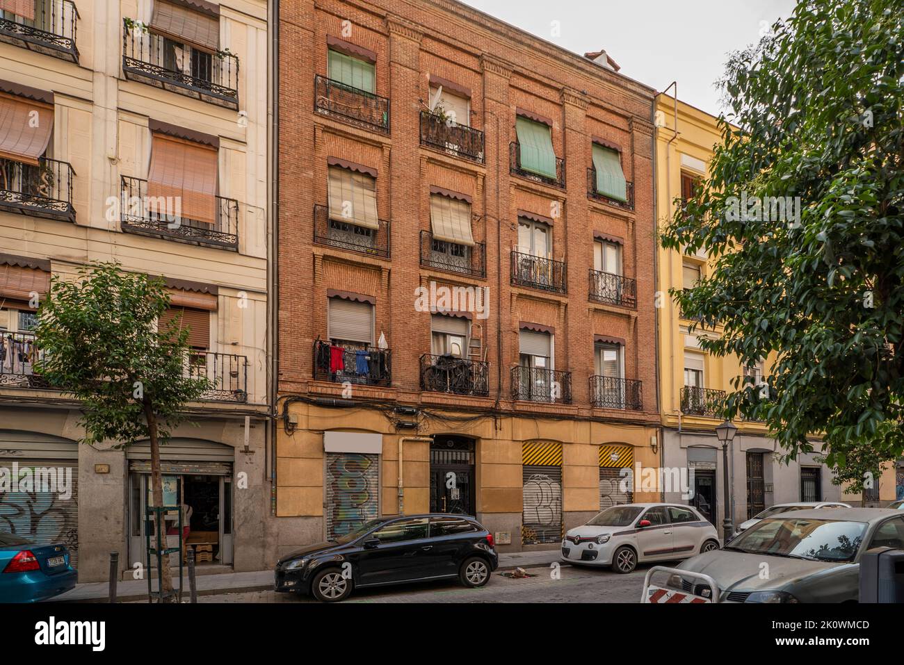 Facades of old houses in the center of Madrid Stock Photo