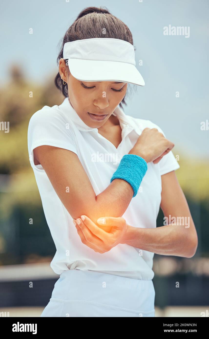 Tennis woman, elbow pain and abstract injury on sports court in wellness exercise, training and health workout. Fitness stress, burnout and medical Stock Photo