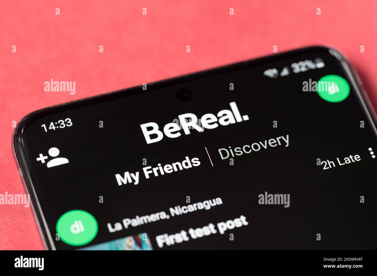New york, USA - september 13, 2022: Checking BeReal friends menu on smartphone screen macro close up view background Stock Photo