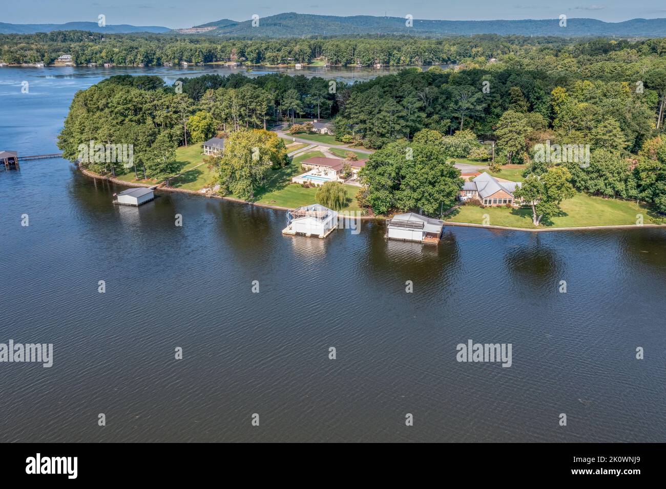 Aerial overhead view of lakefront homes and boat houses on Guntersville Lake in Scottsboro Alabama. Stock Photo