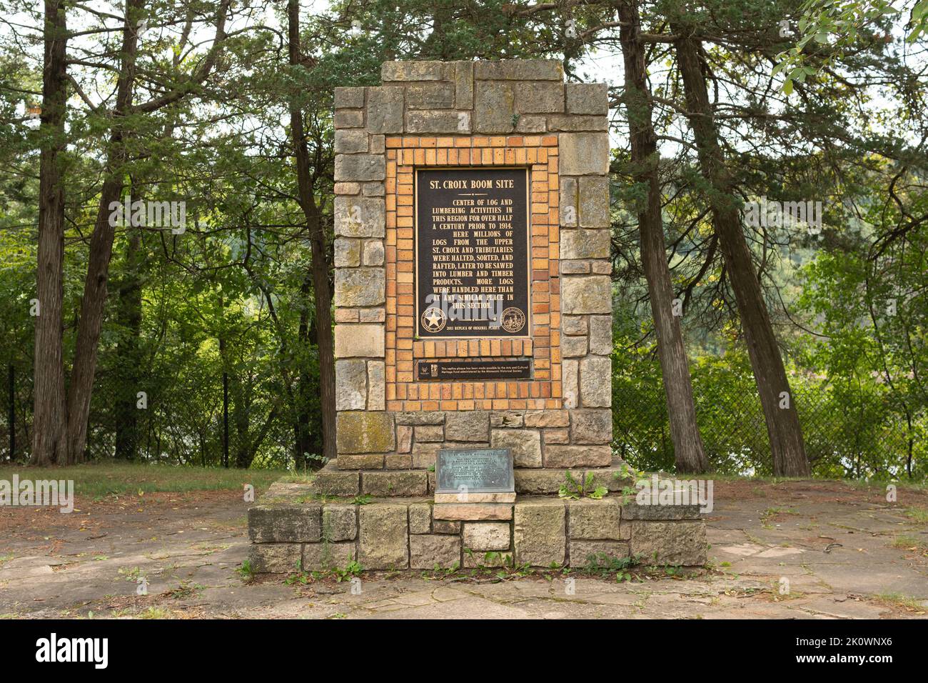 STILLWATER, MN, USA - SEPTEMBER 10, 2022: St. Croix Boom Site monument along St. Croix River. Stock Photo