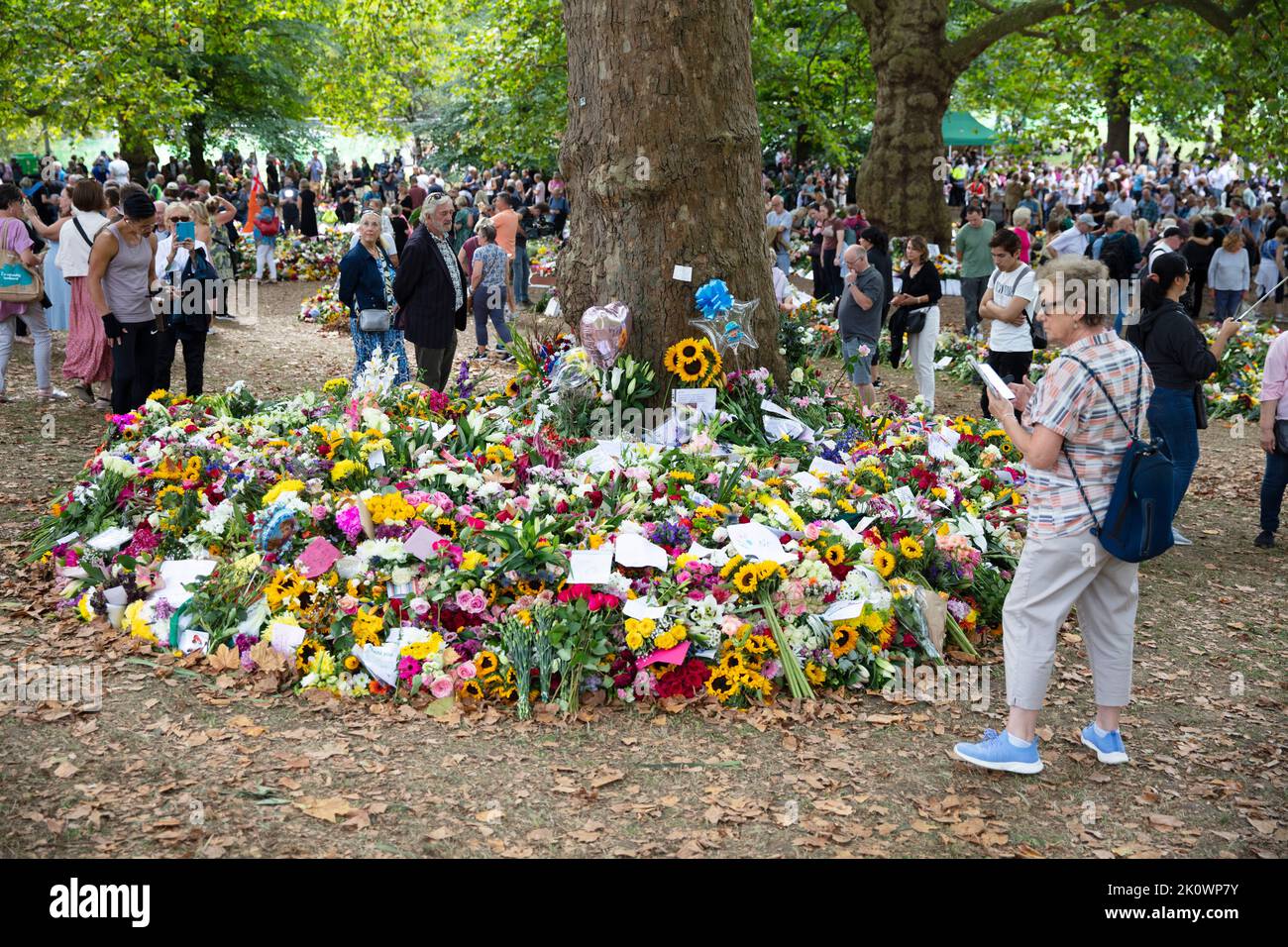 LONDON, UK - September 2022: Thousands of people lay flowers and cards in Green park in tribute to Queen Elizabeth II after her death Stock Photo