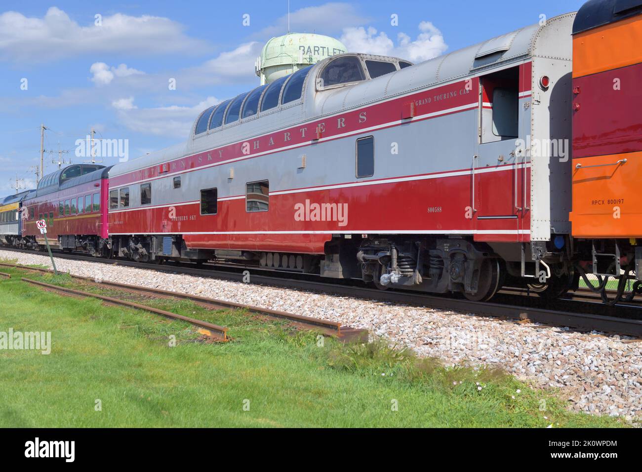 Passenger cars making up the American Association of Private Railcar Owners (AAPRCO) special train that was run by Metra. Stock Photo