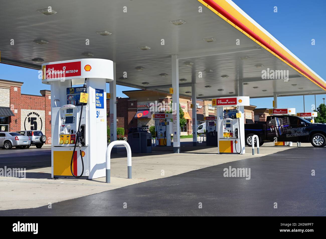 Roselle, Illinois, USA. Gas pumps at a modern self-service gas station. Stock Photo