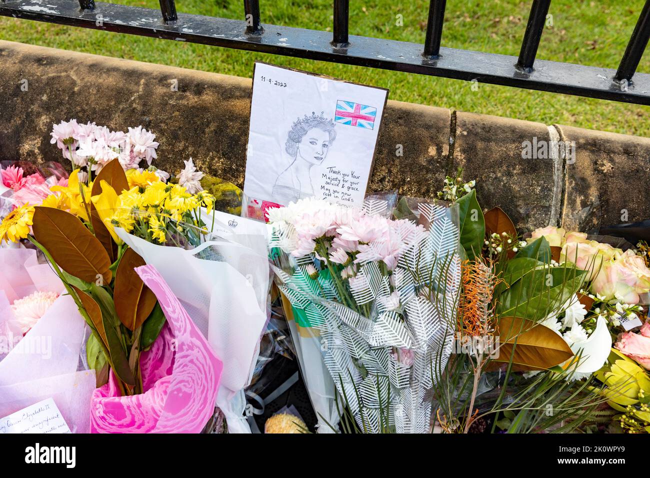 Death of Her Majesty Queen Elizabeth II, flowers and childs card left outside NSW Government House in Sydney,NSW,Australia Stock Photo