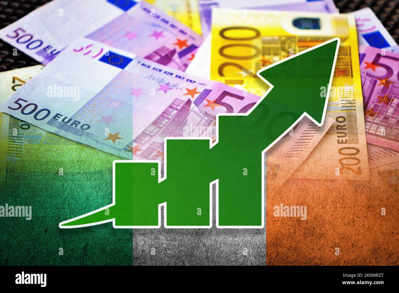Economy graph: rising arrow, cash euro banknotes and Ireland flag (Money, Economy, Business, Finance, Crisis) Stock Photo