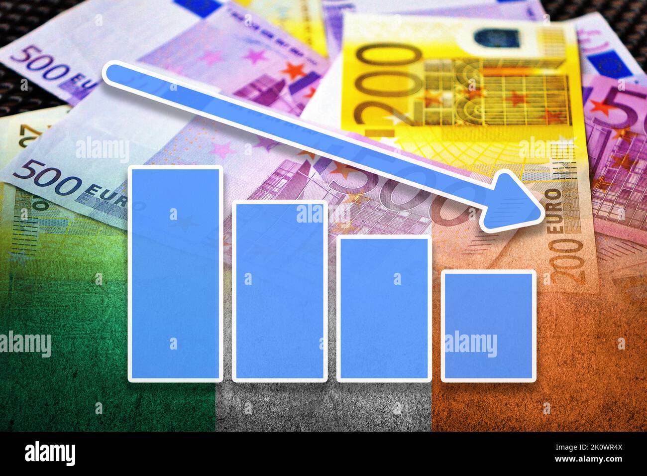 Economy Graph: Downward Arrow, Euro Cash Banknotes and Ireland Flag (Money, Economy, Business, Finance, Crisis) Stock Photo