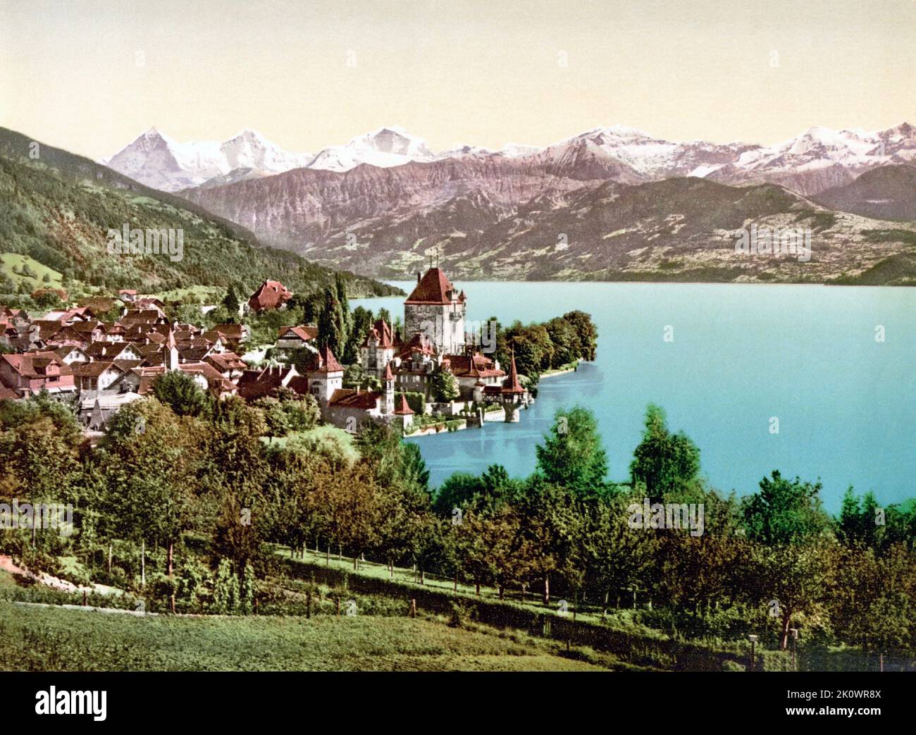 Lake Thun, Oberhofen am Thunersee, Bern, Switzerland 1890. Stock Photo