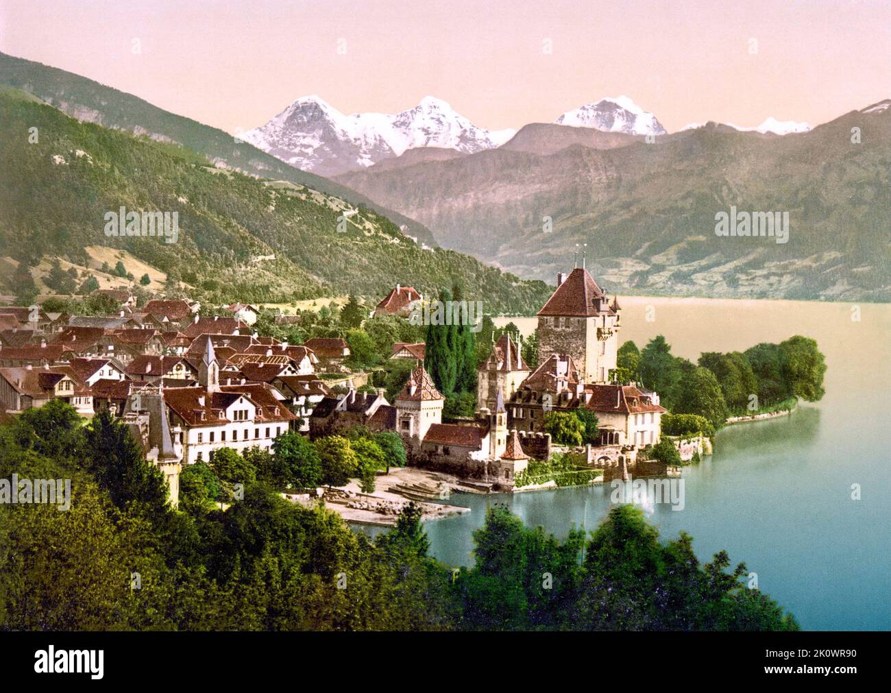 Oberhofen Castle and Lake Thun, Oberhofen am Thunersee, Bern, Switzerland 1890. Stock Photo