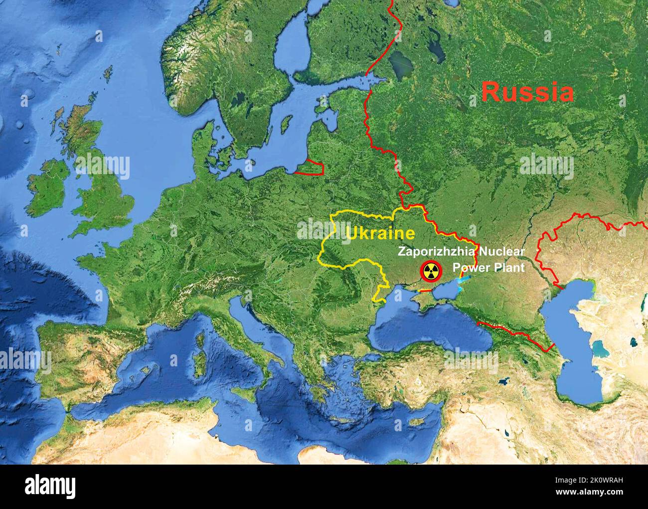 Zaporizhzhia Nuclear Power Plant in Ukraine on Europe map, hot spot of Russia-Ukraine war. Theme of Zaporizhzhia station, map, border, World crisis an Stock Photo