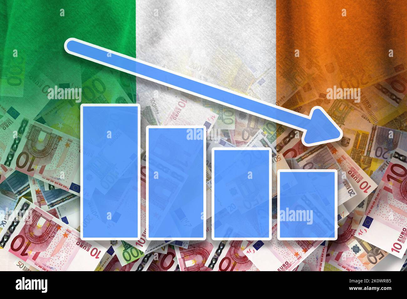 Economy Graph: Downward Arrow, Euro Cash Banknotes and Ireland Flag (Money, Economy, Business, Finance, Crisis) Stock Photo