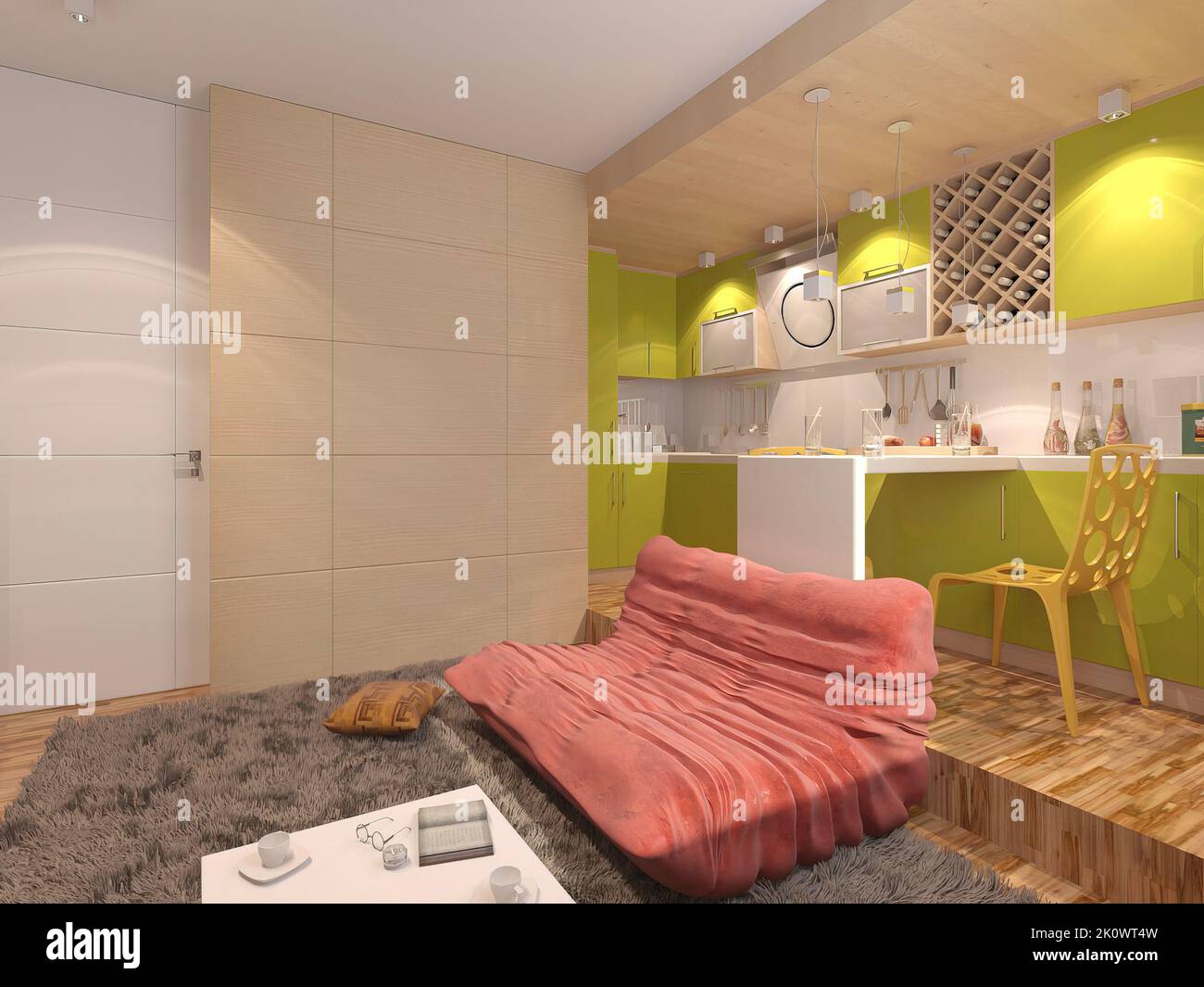 E-design illustration for a living room combined with a kitchen in a ...