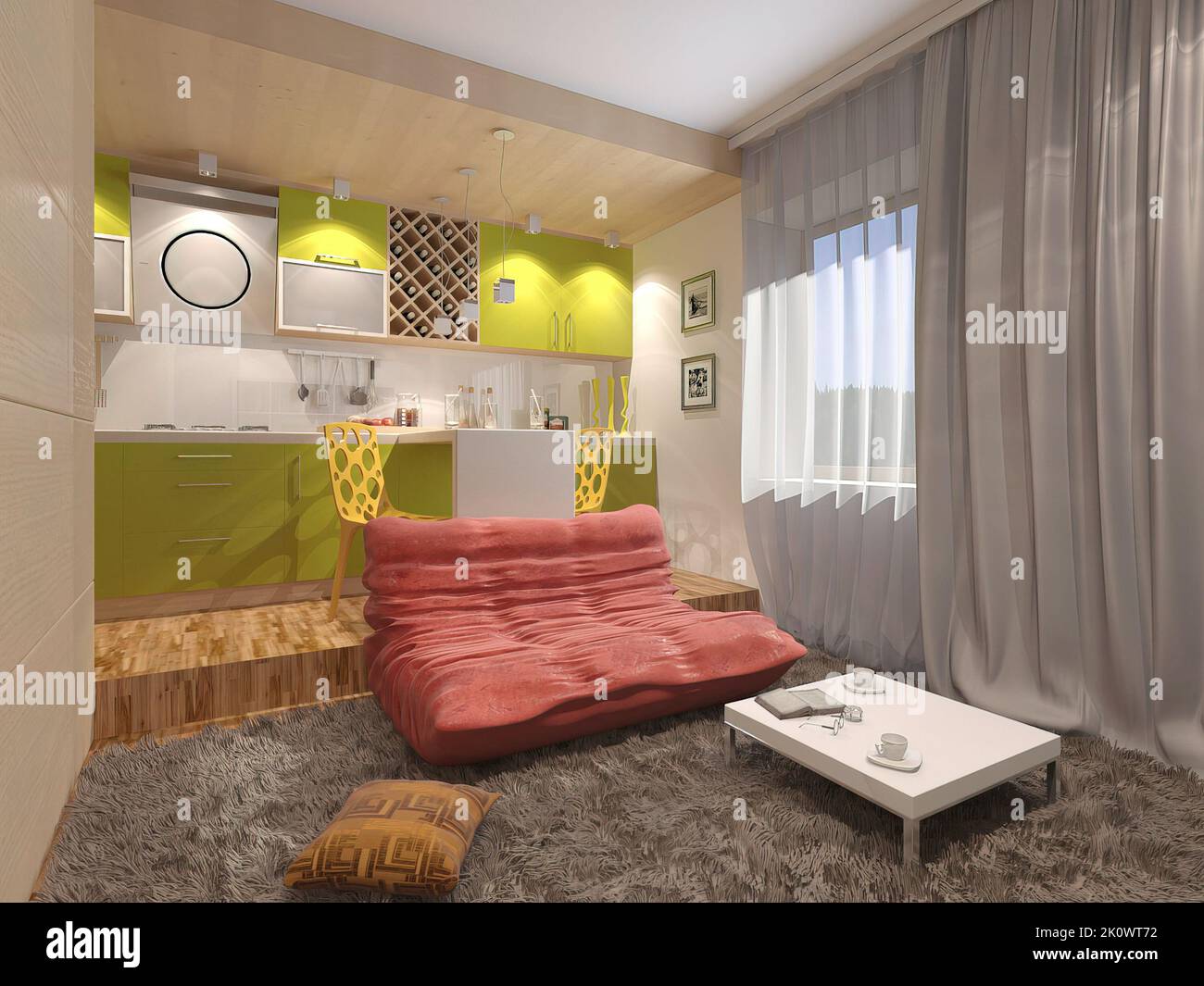 Edesign illustration for a living room combined with a kitchen in a