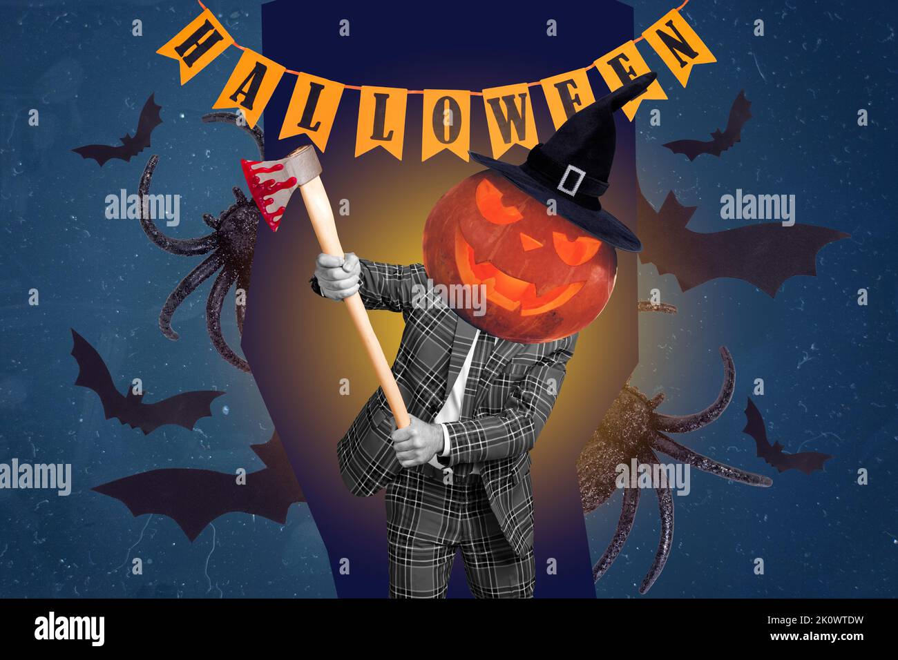 Composite collage of dangerous horrifying person halloween pumpkin