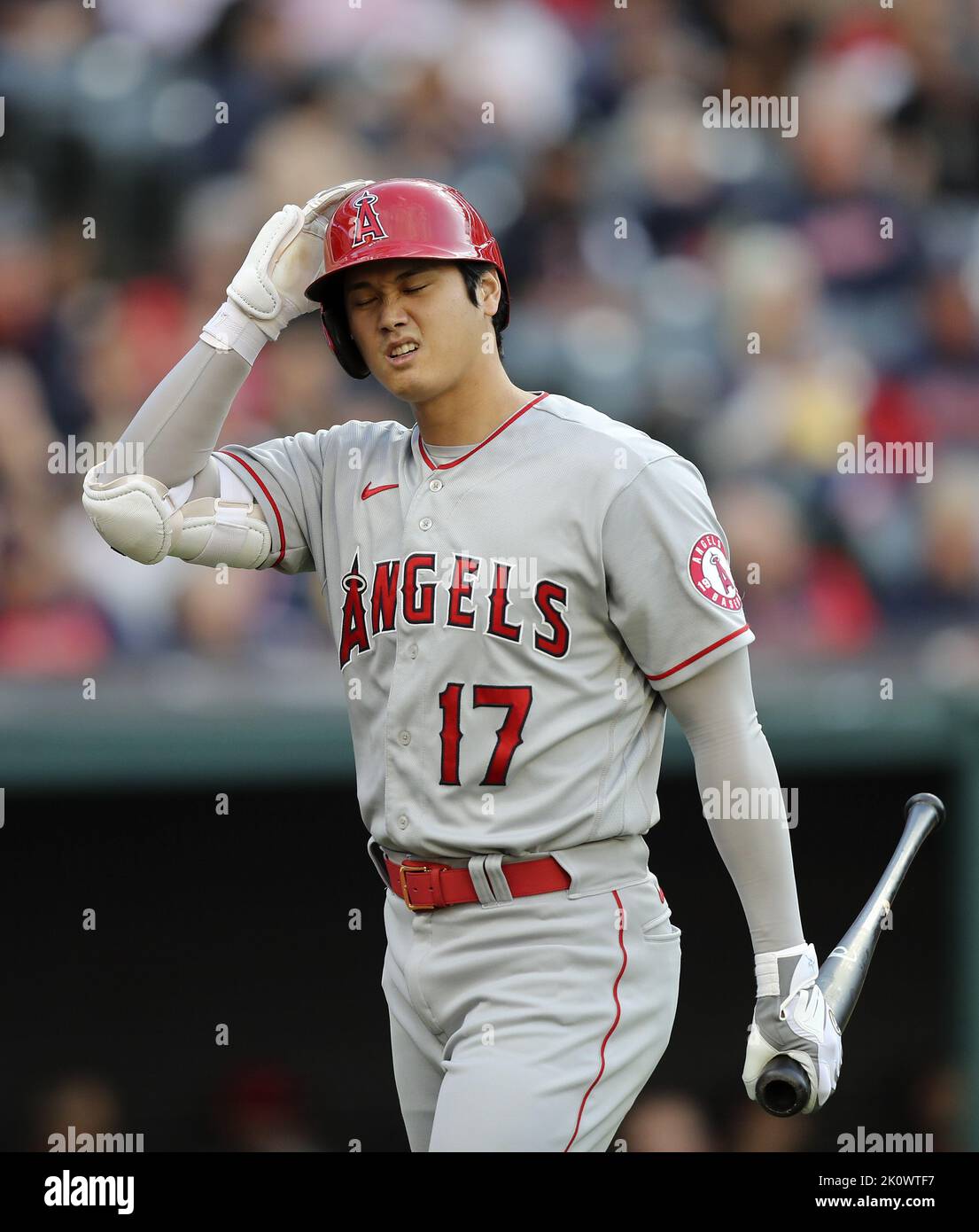 Cleveland, United States. 13th Sep, 2022. Los Angeles Angels Shohei Ohtani (17) reacts after striking out against the Cleveland Guardians in the third inning at Progressive Field in Cleveland, Ohio on Tuesday, September 13, 2022. Photo by Aaron Josefczyk/UPI Credit: UPI/Alamy Live News Stock Photo