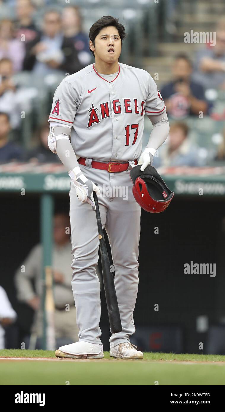 Cleveland, United States. 13th Sep, 2022. Los Angeles Angels Shohei Ohtani (17) gathers himself during an at bat against the Cleveland Guardians in the first inning at Progressive Field in Cleveland, Ohio on Tuesday, September 13, 2022. Photo by Aaron Josefczyk/UPI Credit: UPI/Alamy Live News Stock Photo