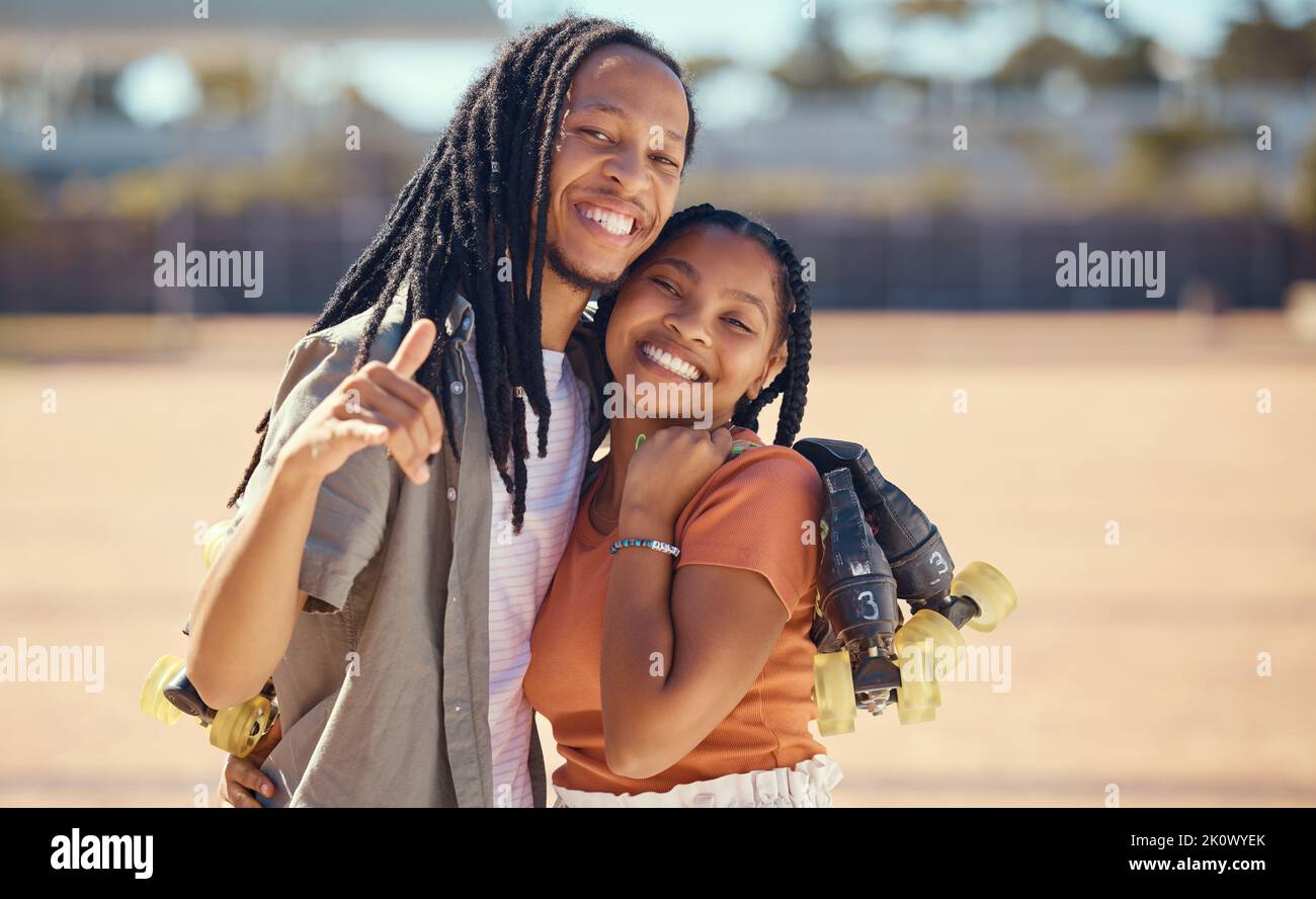 Roller skater, love and happy couple in summer enjoy living a healthy, wellness active lifestyle together. Smile, girl and gen z boy bonding outdoors Stock Photo
