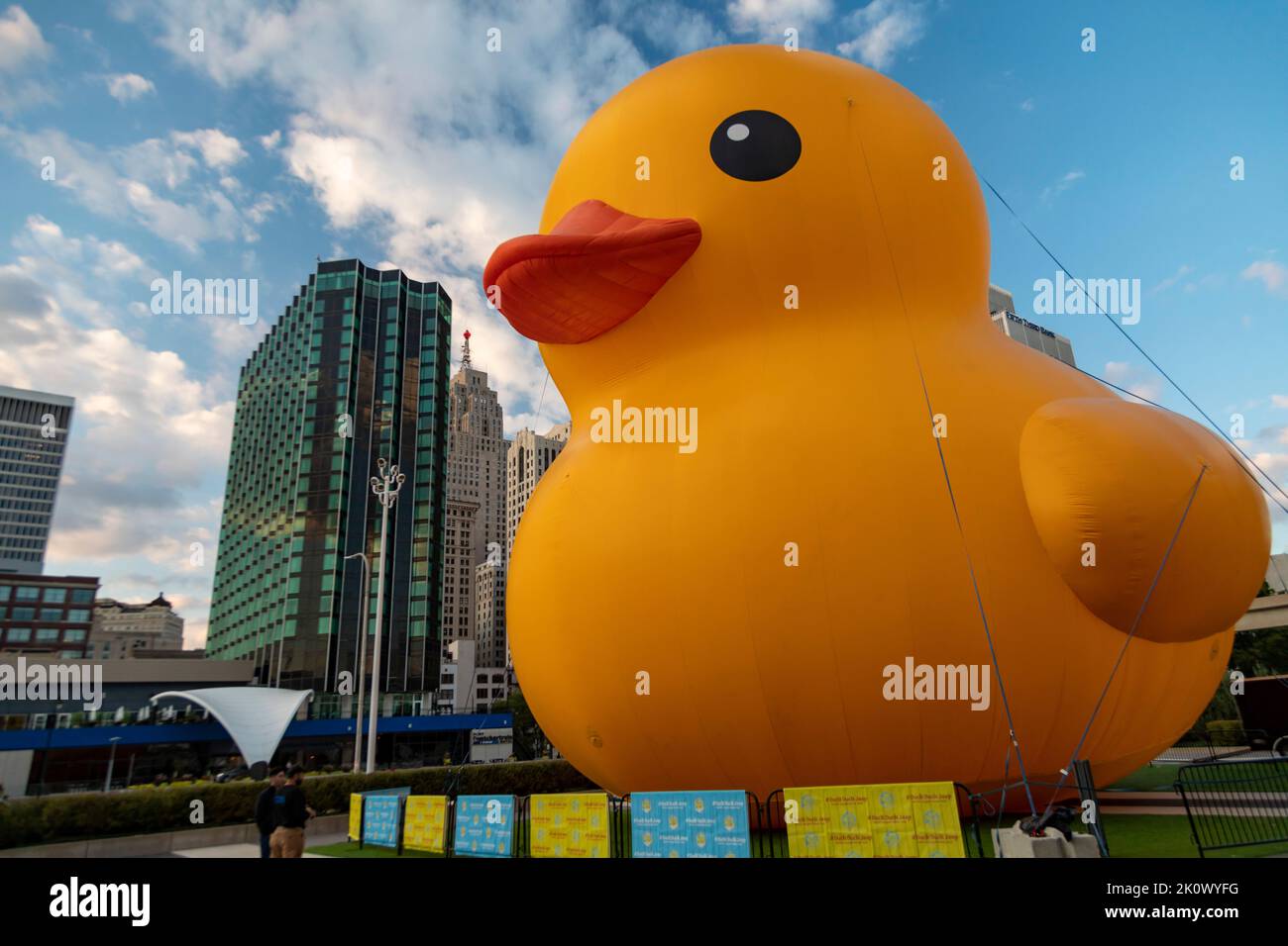 Detroit, Michigan, USA. 13th Sep, 2022. The world's largest rubber duck, on display at the North American International Auto Show. This year's auto show has fewer new car introductions and more entertainment. Besides the rubber duck, there are dinosaurs and monster trucks. Credit: Jim West/Alamy Live News Stock Photo