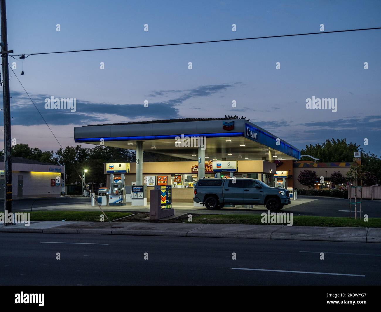 A Chevron Gas Station in Modesto California at dawn Stock Photo