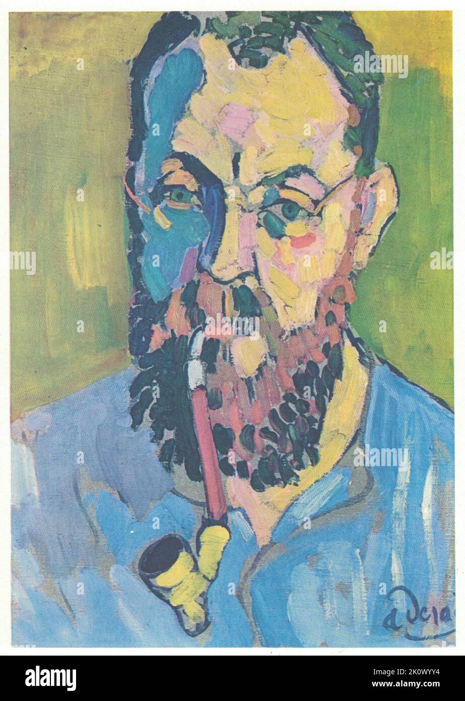 Portrait of Matisse, 1905. Painting by André Derain, oil, canvas.  André Derain is best known for his contributions to the developments of Fauvism and Cubism, two avant-garde movements from the beginning of the 20th century. Derain was born on June 17, 1880 in Chatou, just outside of Paris. He began his training by attending painting classes under French symbolist, Eugène Carrière at the Académie Carriere (1898-1899). While at school, he befriended Henri Matisse, and in 1900, he met Maurice de Vlaminck, with whom he later shared a studio. The three often painted together, and were instrumental Stock Photo