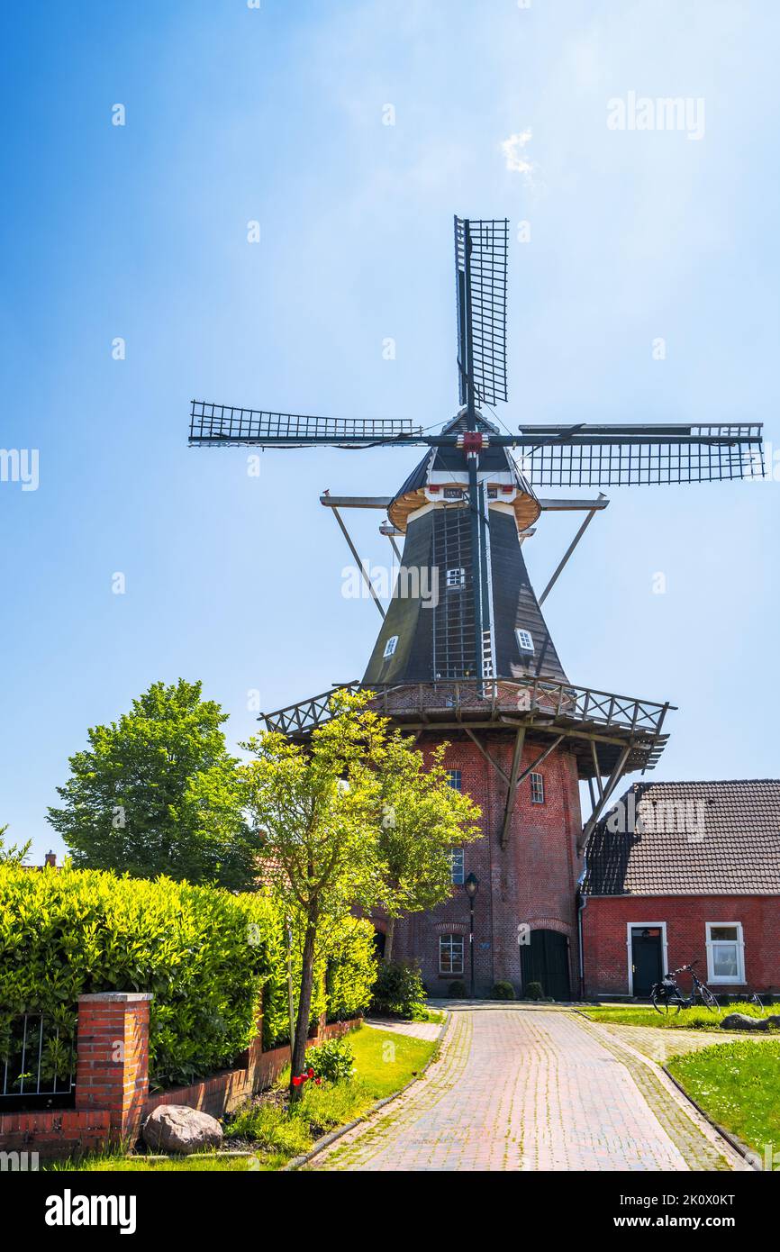 Mill in Rysum, Krummhoern, East Friesland, North Sea, Germany Stock Photo