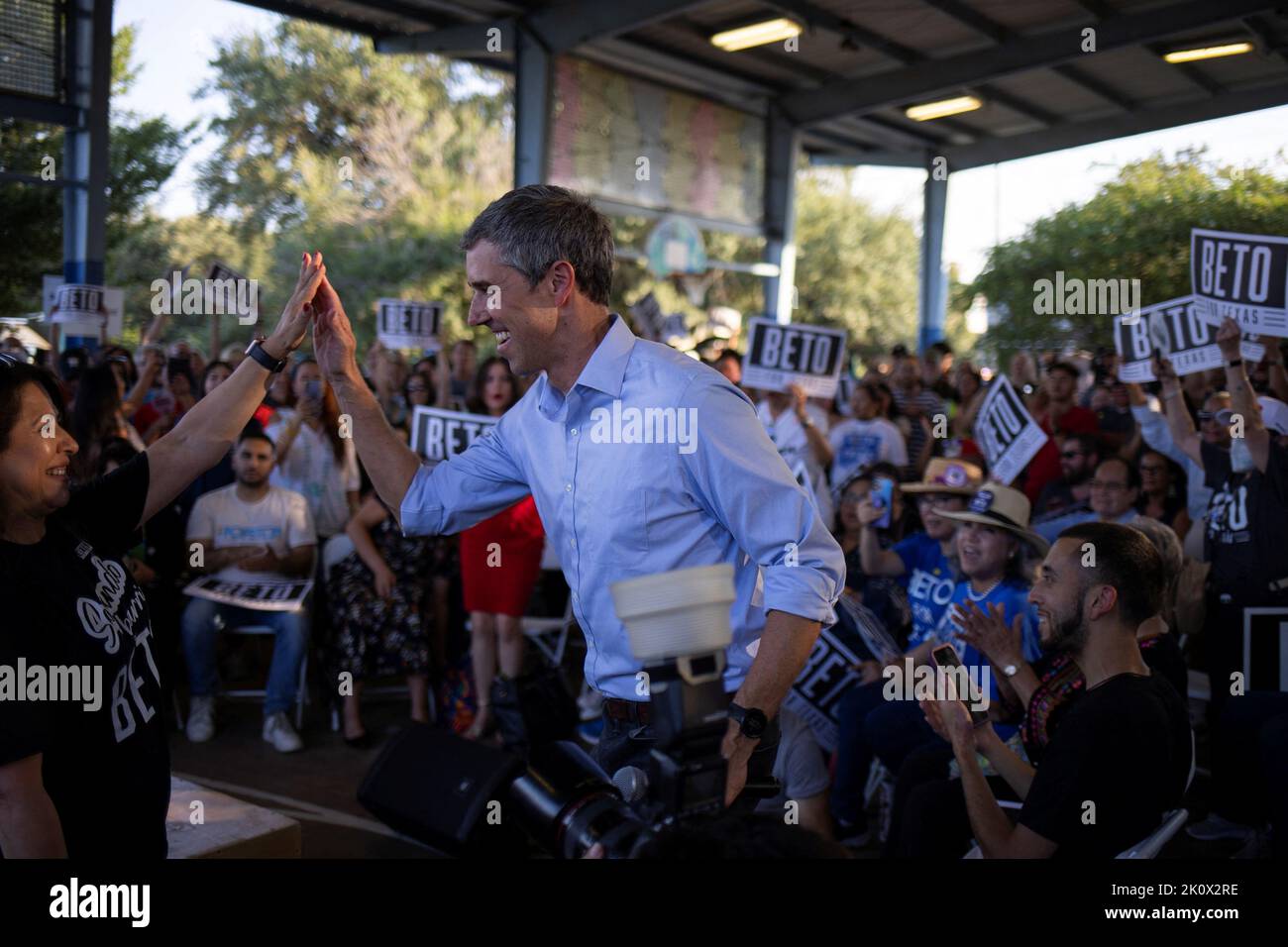 Texas Democratic gubernatorial candidate and former U.S. congressman Beto O'Rourke greets a supporter at a campaign event in Houston, Texas, U.S. September 13, 2022. REUTERS/Adrees Latif Stock Photo