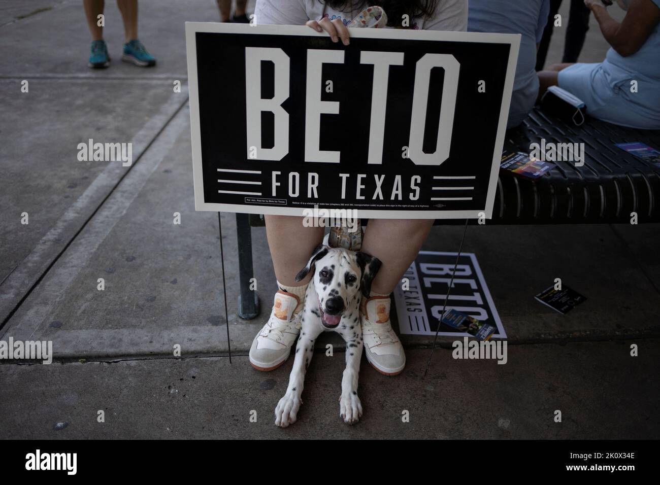 Isla, a four month old Dalmatian, sits near her owner as they await the start of a campaign event for Texas Democratic gubernatorial candidate and former U.S. congressman Beto O'Rourke in Houston, Texas, U.S. September 13, 2022. REUTERS/Adrees Latif Stock Photo