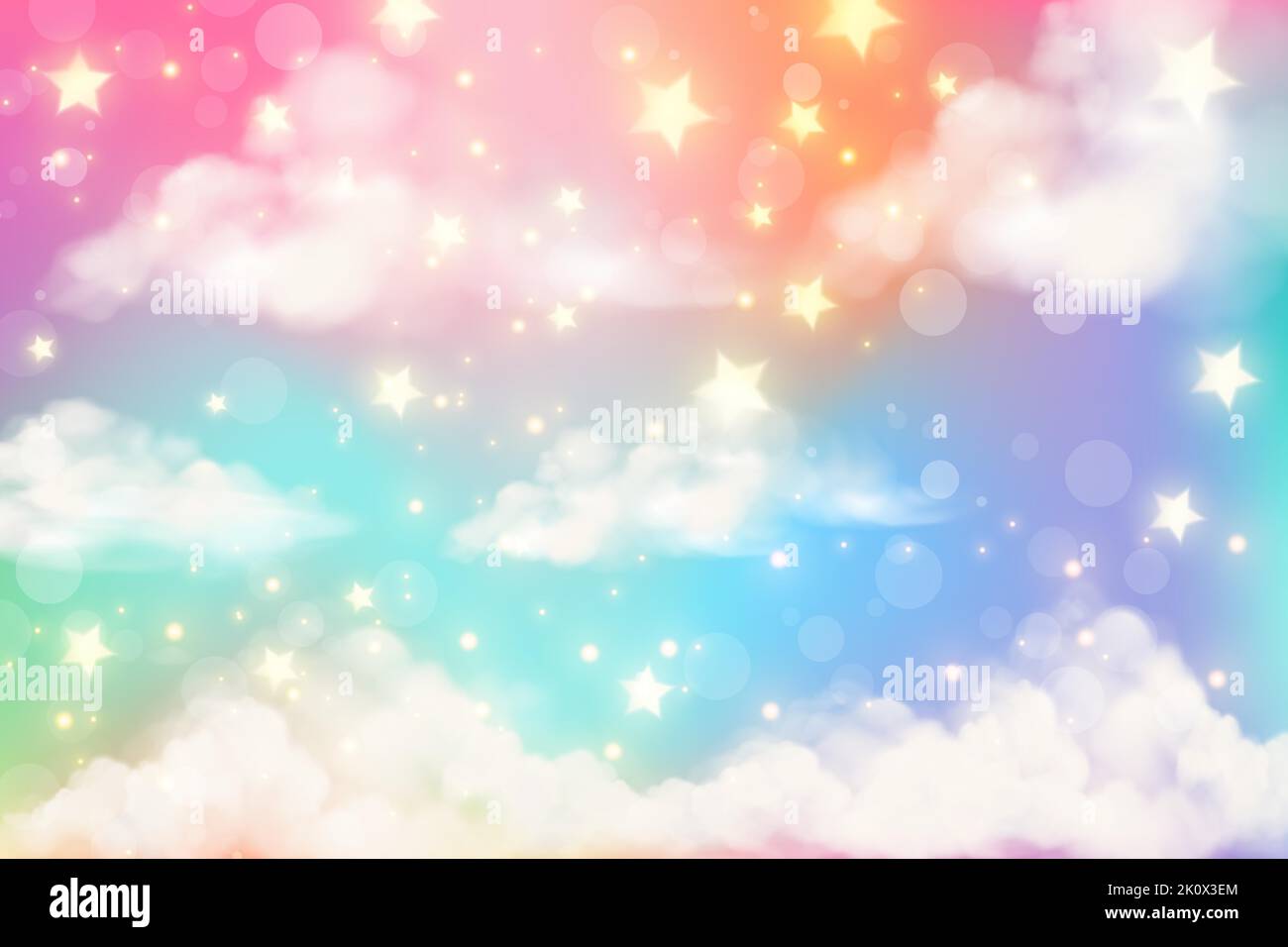 Fantasy realistic rainbow background with clouds in pastel colors. Unicorn cartoon cute wallpaper. Fairy vector landscape. Stock Vector