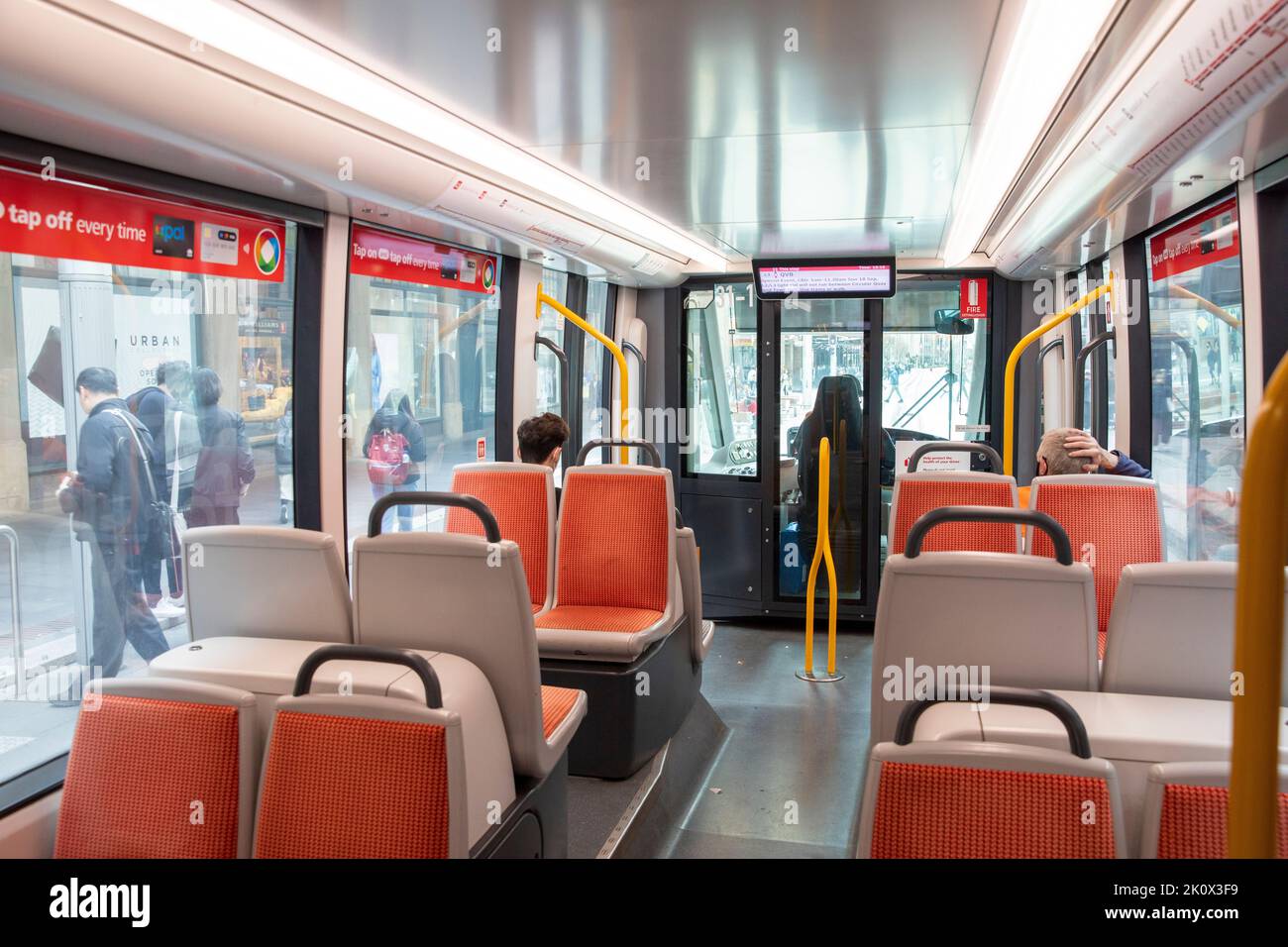 Interior of Sydney light rail carriage with driver driving the train,Sydney,Australia Stock Photo