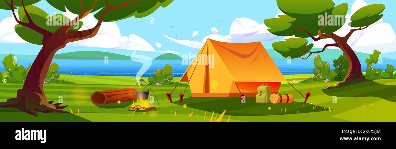 Summer camp with bonfire and tent on river coast. Vector cartoon illustration of countryside landscape with trees, green grass, lake and campsite with backpack and bowler on fire Stock Vector