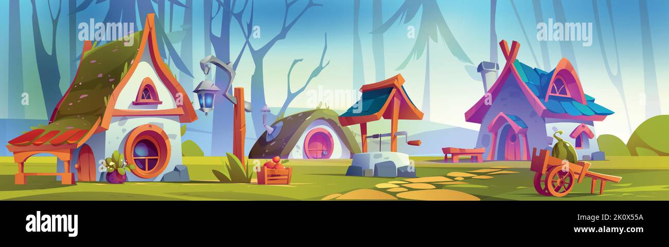 Forest village or dwarves valley with fairytale houses. Cute buildings and stuff of elf, gnome or dwarf, well and lantern on green field. Stone dwellings in fantasy wood, Cartoon vector illustration Stock Vector