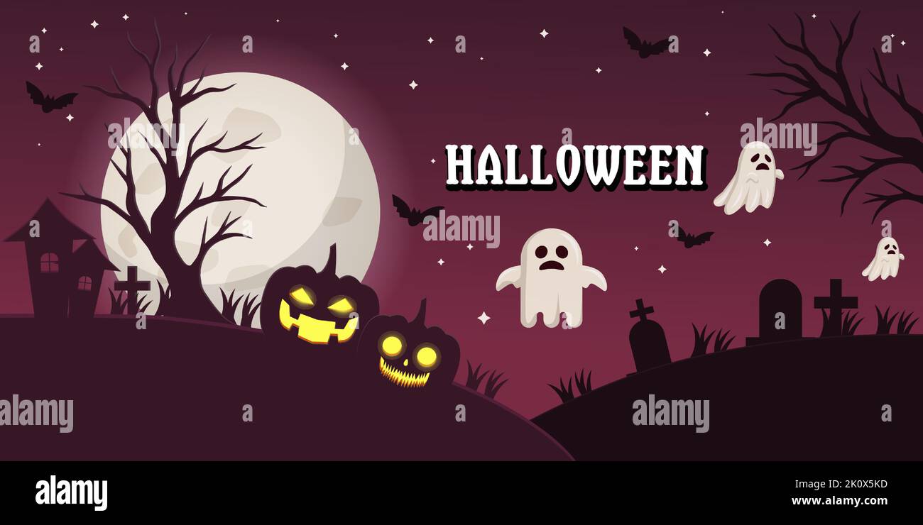 halloween spooky night background illustration with pumpkin, tombstone ...