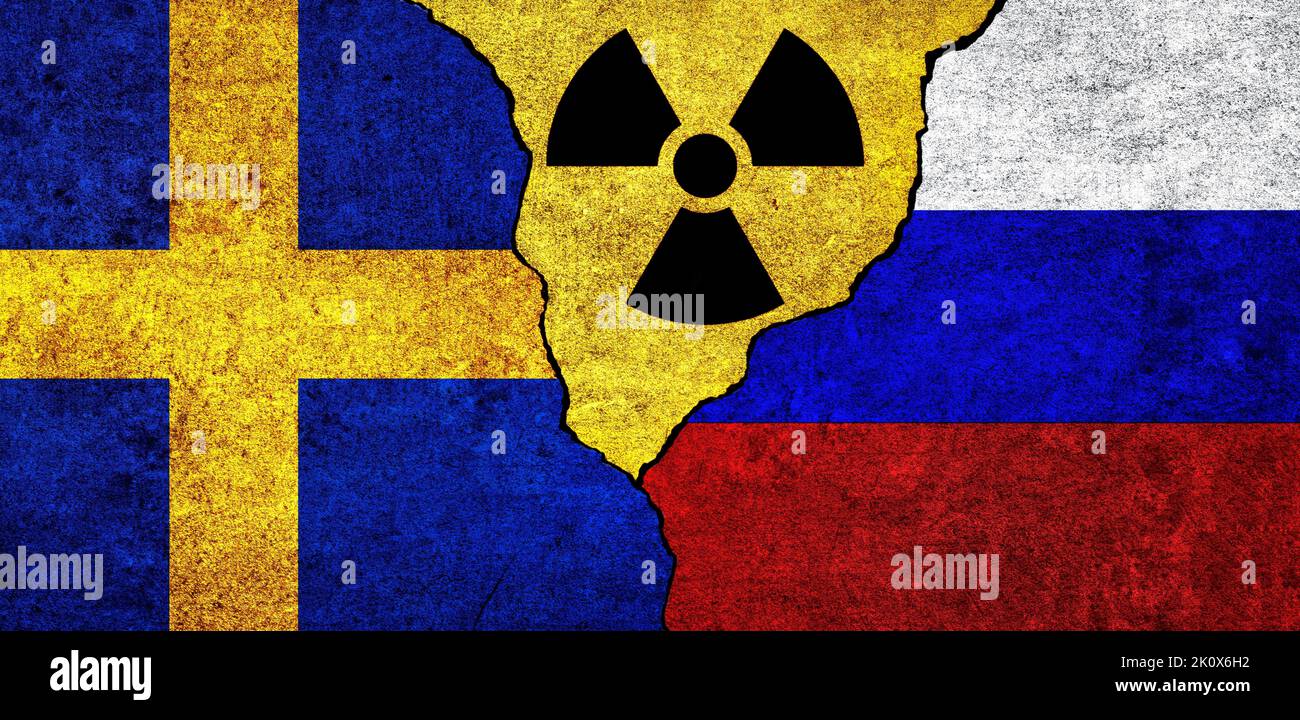 Flags of Sweden, Russia and radiation symbol together. Russia and Sweden Nuclear deal, threat, agreement, tensions concept Stock Photo