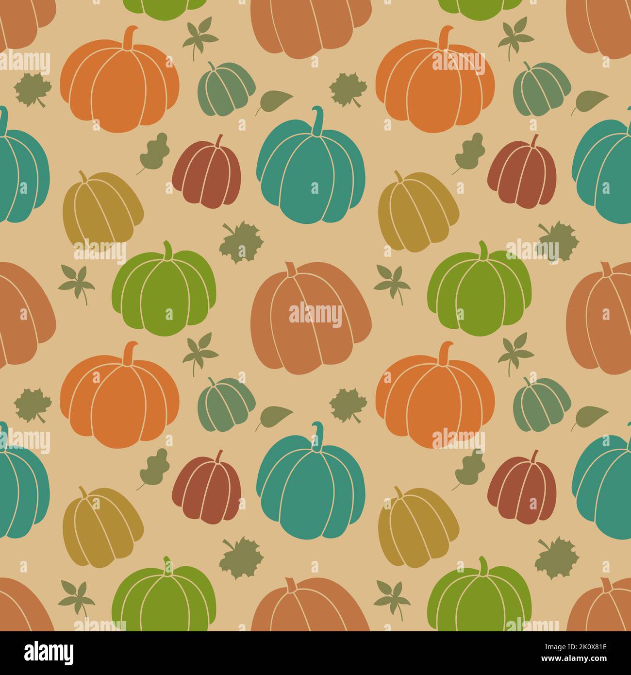 Autumn vector pattern. Seamless harvest background with colorful silhouettes of pumpkins and fall leaves. Hand drawn Thanksgiving and autumn season sy Stock Vector