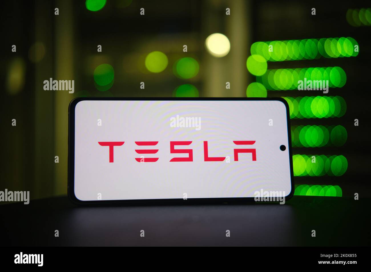 Tesla company logo on the background of a bokeh server light - Moscow, Russia, August 27, 2022 Stock Photo
